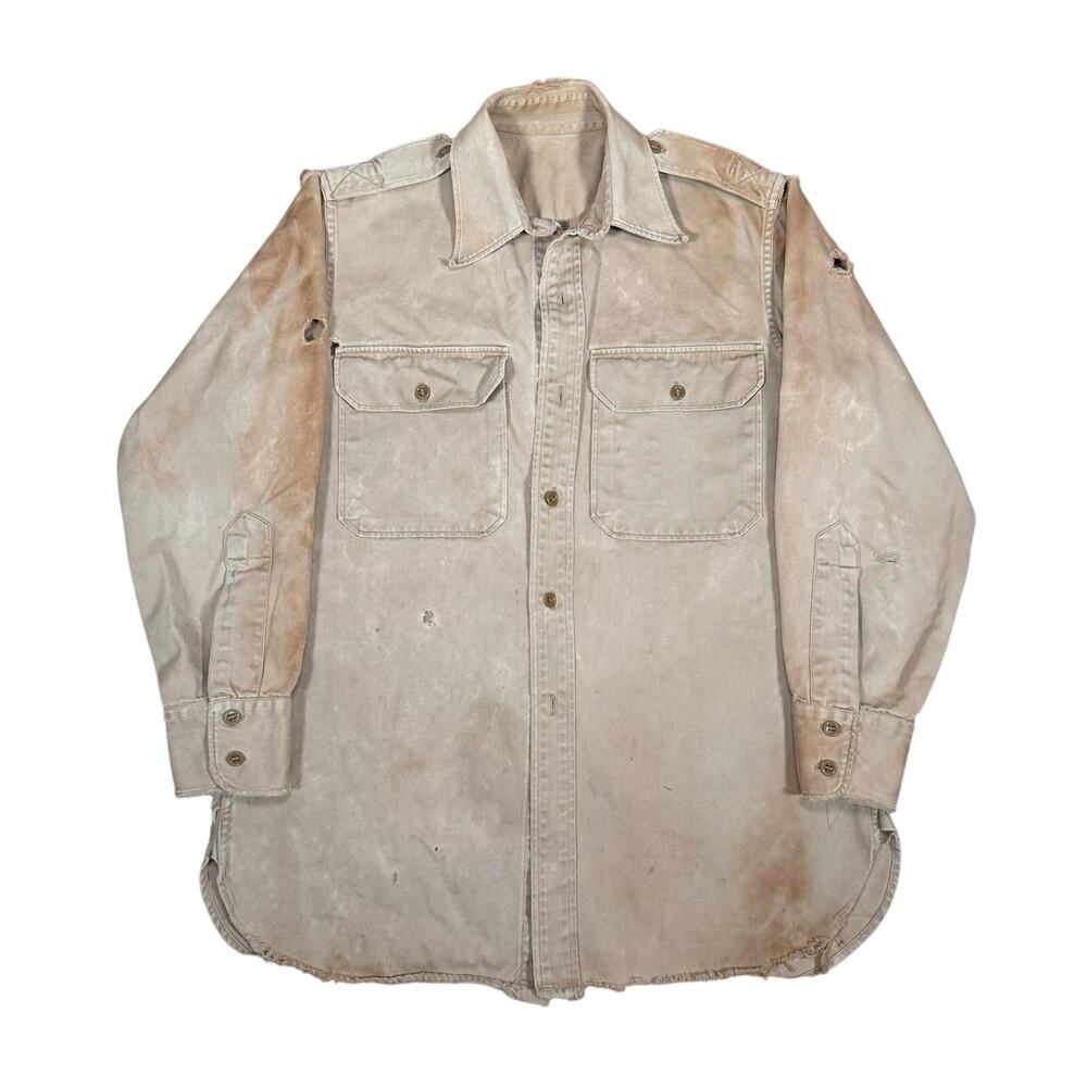 True Vintage Tan Military Style Tan Button Up Shirt Thrashed Distressed Small